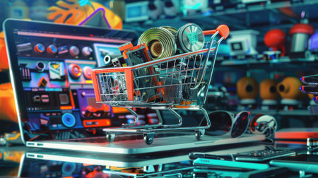 Laptop screen showing a shopping cart filled with electronics and gadgetsの素材