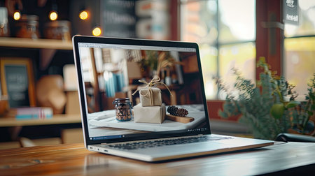 Close-up of a handmade product displayed on a laptop screen, ready for purchase in an online storeの素材