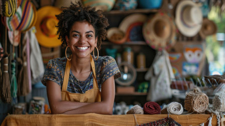 A smiling artisan showcasing handmade crafts for sale on an e-commerce platformの素材