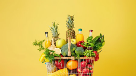 An array of organic foods and eco-friendly products arranged in a shopping basket, emphasizing sustainability against a vibrant yellow backgroundの素材
