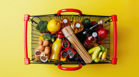 Top view of a shopping basket filled with household staples, pantry items, and gourmet treats, offering convenience on a yellow backgroundの素材