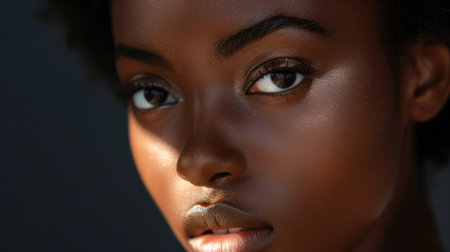 A close-up of a woman's face with perfect skin and a serene expression, her natural beauty shining through.の素材