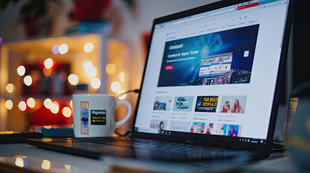 Close-up of a computer screen showing an e-commerce website with customer testimonialsの素材