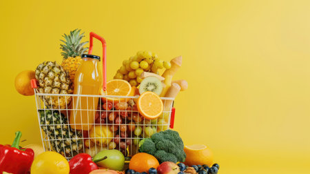 Healthy snacks and beverages arranged in a shopping basket, promoting wellness and vitality on a vibrant yellow backgroundの素材