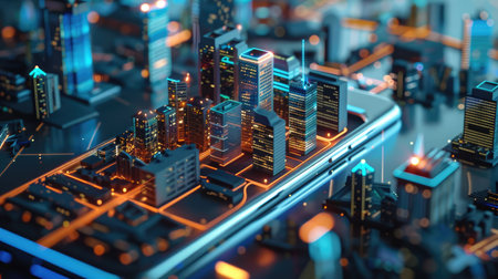 Smartphone displaying futuristic smart city infrastructure and IoT connectivity, representing advanced urban technologyの素材