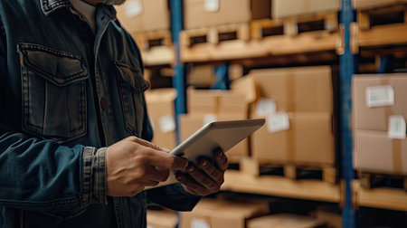 An entrepreneur managing inventory on a tablet, ensuring seamless online shopping experiencesの素材