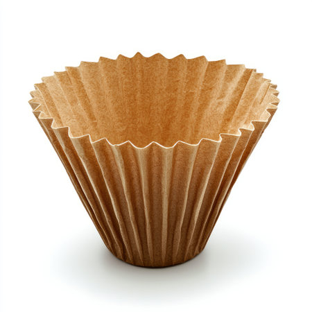 A fresh paper coffee filter cone isolated on a white background, with focus on its folded edgesの素材
