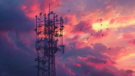 Cell tower with birds perched on the antennas, with a sunset sky behindの素材