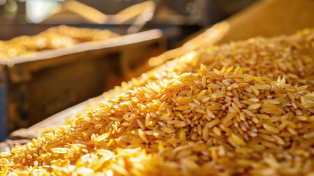 Close-up of golden rice husks piled high in a storage binの素材