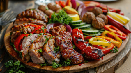 Beautifully arranged grilled meat platter with pork slices, meatballs, and colorful vegetablesの素材