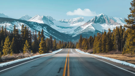 Empty asphalt road with snow-capped mountains and pine trees on both sidesの素材
