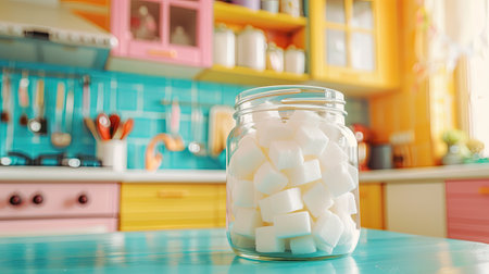 Glass jar filled with white sugar cubes against a bright and colorful kitchen backdropの素材