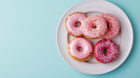 Delicious donuts arranged elegantly on a simple white serving plateの素材