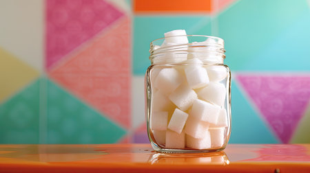 Glass jar filled with white sugar cubes against a colorful kitchen backdropの素材