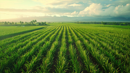 Aerial perspective of lush green sugar cane fields stretching to the horizonの素材