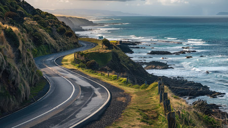 Scenic road along a cliffside with breathtaking ocean views belowの素材