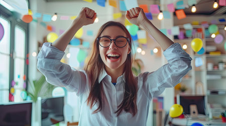 Happy entrepreneur woman celebrating business success with colleagues in the officeの素材