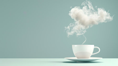 Floating coffee cup with steam turning into delicate cloud shapes, minimalist backdropの素材