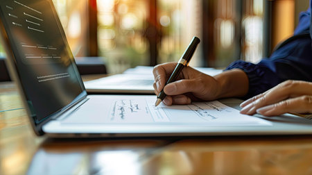 Laptop screen with a digital signature process in progress, showcasing efficient document authenticationの素材