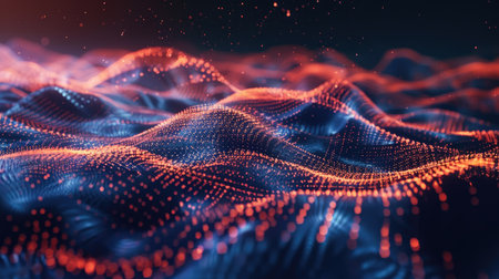 Waves of digital particles creating a sleek, tech-centric backgroundの素材