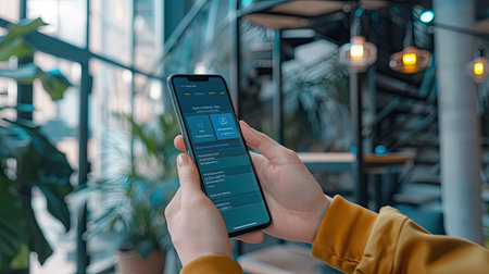 Hands holding a smartphone displaying a digital wallet app in a modern fintech environmentの素材