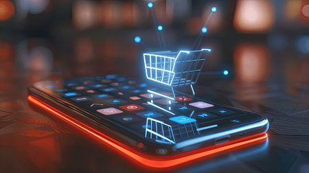 Online shopping cart icon on a smartphone screen with various product categoriesの素材