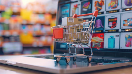 Online marketplace website on a laptop screen with global shipping optionsの素材