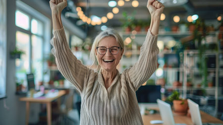 Successful mature businesswoman smiling in a modern office environment, celebrating achievementsの素材