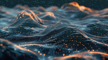 Undulating waves of particles forming a modern technology-inspired backgroundの素材