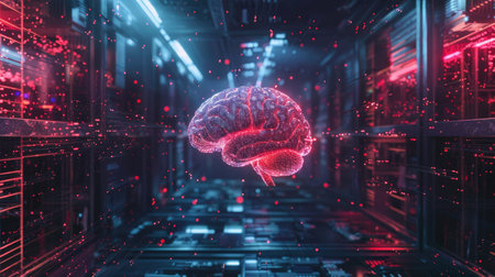 A digital brain floating in a virtual reality environment, representing AI's role in future technologies.の素材