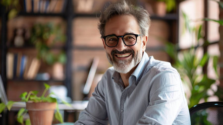 A happy business executive in his mid-40s, smiling confidently during a video conference in his office.の素材