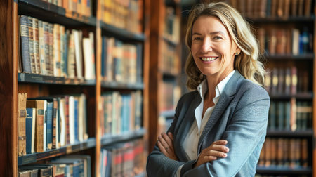 A middle-aged businesswoman attorney smiling warmly, standing beside a large bookshelf filled with law books.の素材