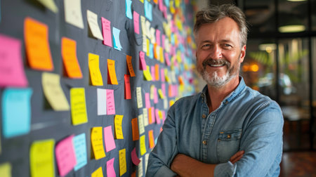 A proud middle-aged businessman in casual attire, standing by a board filled with post-it notes and business plans.の素材