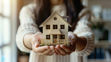 A real estate agent holding a miniature house model, symbolizing property investment and home ownership.の素材