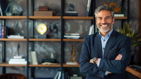 A seasoned businessman smiling confidently, with shelves of business books and awards behind him.の素材