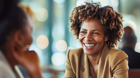 A smiling middle-aged businesswoman attorney at a roundtable meeting, engaging with colleagues.の素材
