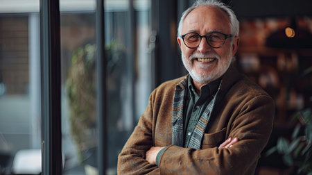 A senior businessman standing proudly in front of his company's logo, smiling with a sense of achievement.の素材