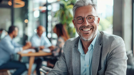 A smiling 45-year-old executive, confidently leading a team meeting in a bright, modern office.の素材