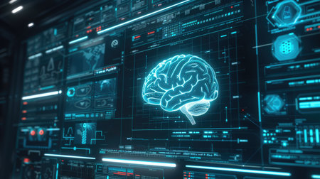 A futuristic interface displaying a digital brain and AI algorithms, highlighting the integration of technology and intelligence.の素材