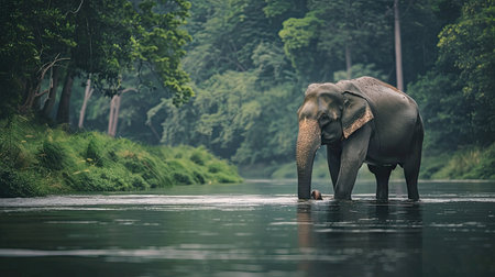 An elephant standing in a serene river, water gently flowing around its legs, with a lush green backgroundの素材