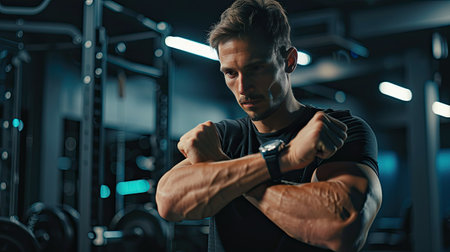 Athletic man in a gym glancing at his watch, low-angle shot emphasizing determination and focusの素材