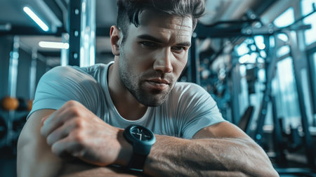 Athletic male glancing at his watch during a break, low-angle shot showing gym equipment in the backgroundの素材