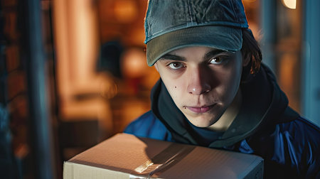 Close-up portrait of a young courier delivery boy holding a box, ready for deliveryの素材