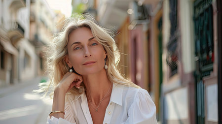 Blonde fashion mature woman posing with flair in a trendy white blouse, capturing city vibesの素材