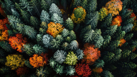 Drone aerial view capturing a breathtaking mountain forest landscape with vibrant autumn colorsの素材