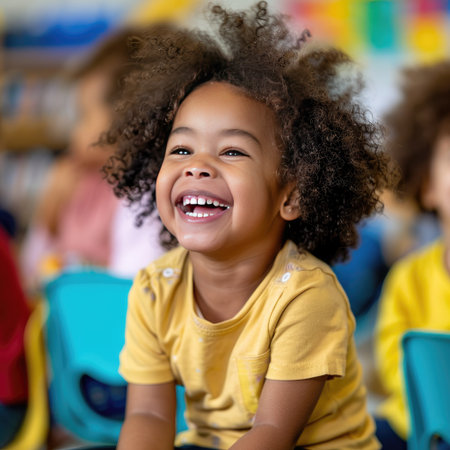 Child smiling and laughing, engaged in a lively classroom discussionの素材