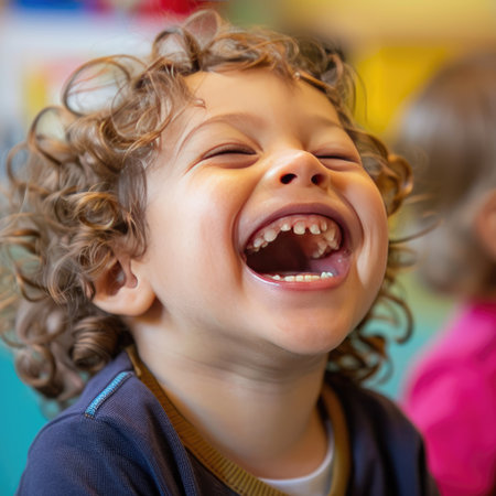 Close-up of a child's face, laughing heartily during a fun classroom activityの素材
