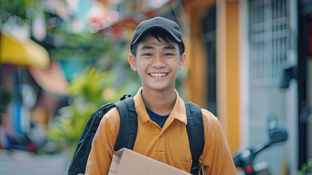 Portrait of a young courier delivery boy standing with a package and smiling confidentlyの素材