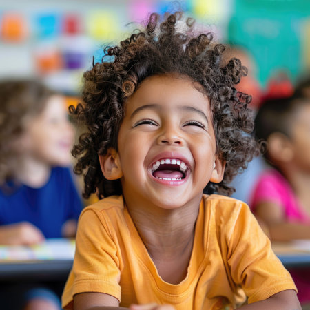 Happy child, face lit up with laughter, enjoying a classroom activityの素材