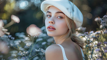 Fashion-forward woman with a white beret, showcasing her spring style in an outdoor settingの素材